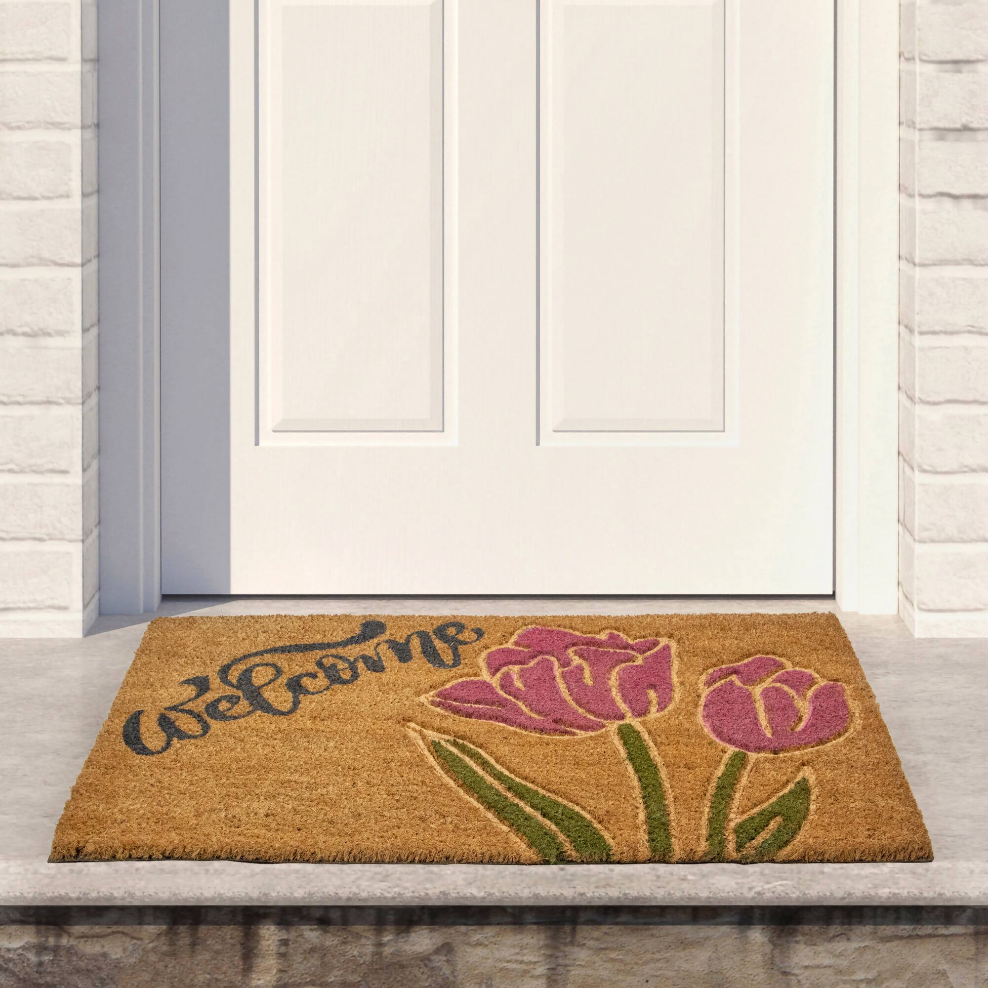 18" x 30" Natural Coir Floral Rectangular "Welcome" Doormat